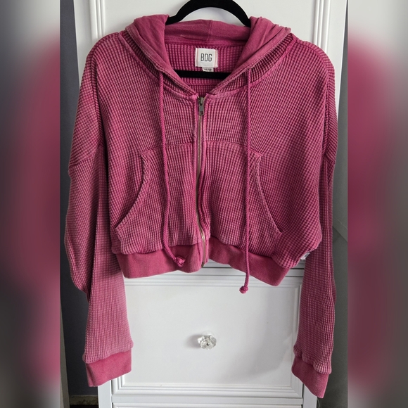 BDG Leah Pink Waffle Knit Zip Up Hoodie Sweatshirt Size XS - Picture 3 of 8